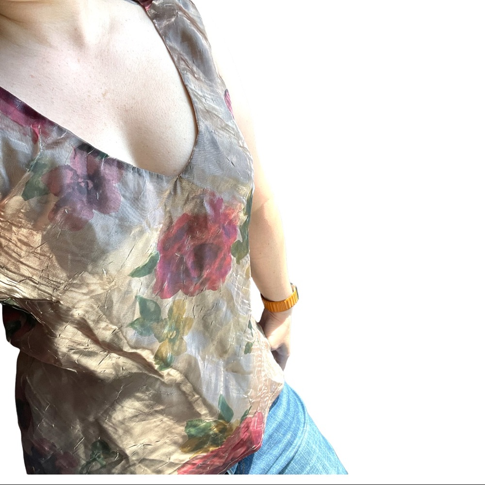Vintage 90s Y2K Bronze Shimmer Rose Print Sleeveless Top V neck blouse Medium - Picture 3 of 12